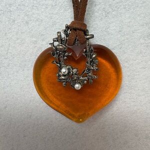 Handmade Glass Heart-shaped Pendant on Brown Cord